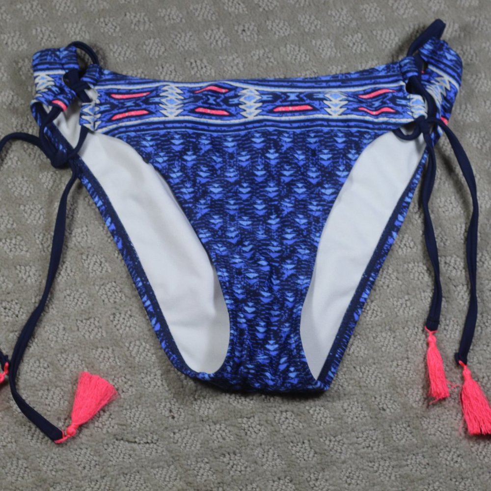 Xhilaration Size L Blue Patterned Bikini Bottom with Neon Peach Tassels